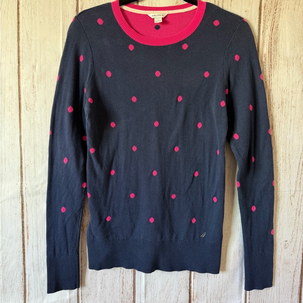 Nautica Women's Navy and Pink Polka Dot 100% Cotton
Crew Neck Sweater Size S